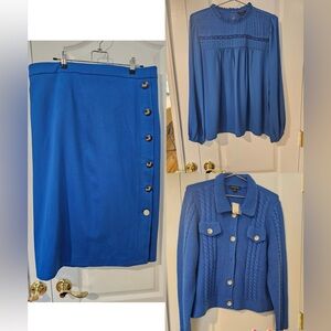 Ann Taylor Blue Knit Cardigan(XL), Blouse (L)& Button-Accent Skirt Set(16)